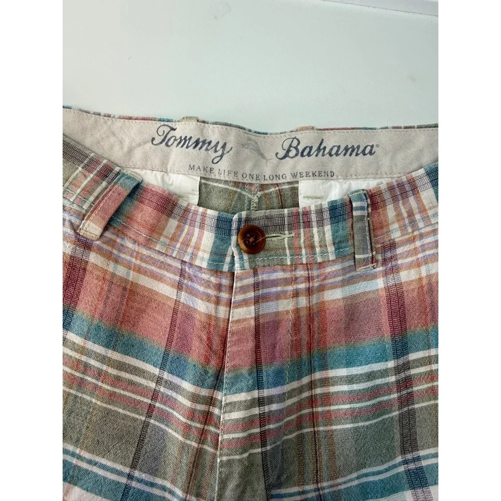 Tommy Bahama Mens Plaid Linen Tencel Shorts Multicolor Flat Front Size 33